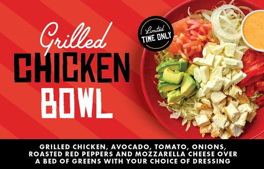 yellas_grilledchicken_bowl_with_vegtables_and_sauce Yellas Chicken bowl with dipping sauce and fried various vegetables.